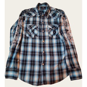Men’s Western Plaid Long Sleeve Snap Button Shirt Medium Embroidered