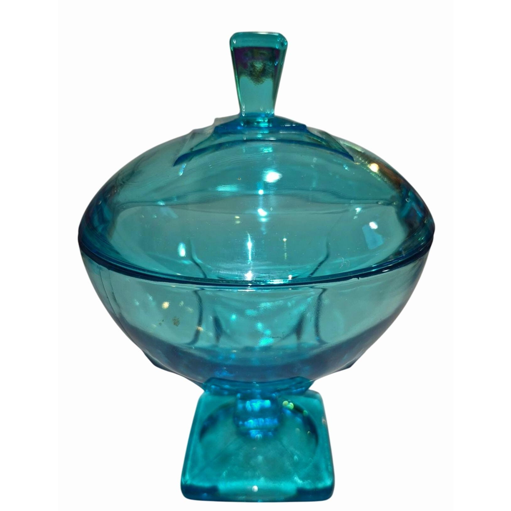 Vintage Blue Glass Pedestal Candy Dish With Lid