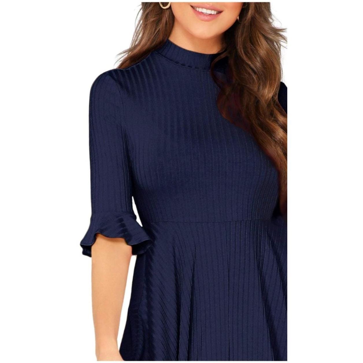 Navy Blue Mock Neck Half Sleeve A-Line Midi Dress With Ruffle Cuffs