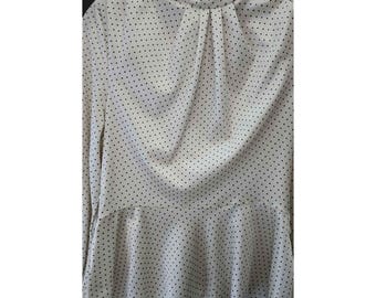 White Polka Dot Long-Sleeve Ruffle Peplum Blouse Womens M Polyester