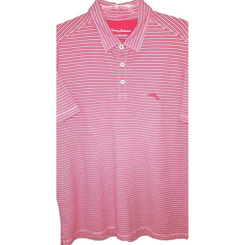 Puede incluir: Polo a rayas rosas y blancas con mangas cortas. La camisa tiene cuello y tapeta de tres botones. Un peque&ntilde;o logotipo rosa est&aacute; bordado en el pecho. El nombre de la marca es visible en el cuello.