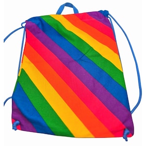 May include: A colorful drawstring backpack with a rainbow stripe design. The bag features a vibrant array of colors, including red, orange, yellow, green, blue, and purple. It has a blue drawstring closure and a blue carrying handle at the top.