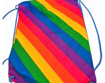 Rainbow Striped Drawstring Backpack Cinch Bag Rainbow Leather Straps Rainbow Stripe Drawstring Backpack With Blue Inner Lining  main image 3