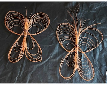 Vintage Large Handcrafted Bamboo Butterfly Wall Decor Pair