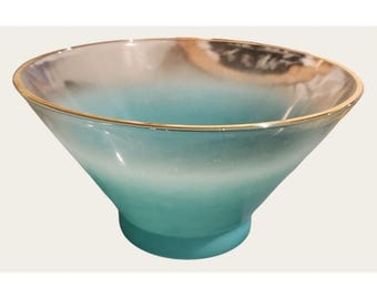 Blendo Vintage Turkos Frostad Glasskål Med Guldkant Chip Dip Mid Century