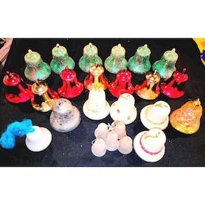 Set Of 21 Vintage Bell Ornaments Mixed Glass Plastic Christmas Mcm 1960s