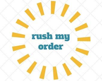 Peut inclure: Un fond blanc avec un motif de soleil jaune et le texte "rush my order" en bleu sarcelle.