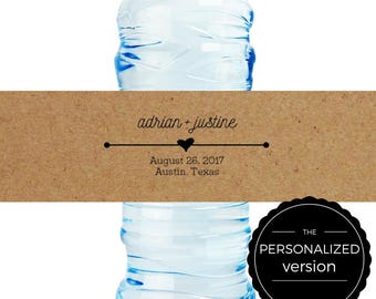 Personalized Kraft Wedding Water Bottle Label - Rustic Vintage Wedding Labels - 8 x 2 in. - sets of 25 labels