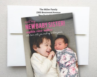 Birth Announcement - Meet My New Baby Brother or Sister - Baby Thank You Note Personalized - Envelope With Return Address - FREE SHIPPING!