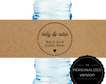 Personalized Kraft Wedding Water Bottle Label - Rustic Vintage Wedding Labels - 8 x 2 in. - sets of 25 labels