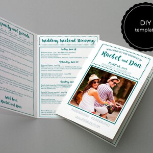 Modello di itinerario/programma fai da te per il weekend di nozze con foto 8,5 x 11 piegato a metà, file Microsoft Word modificabile, font brush script
