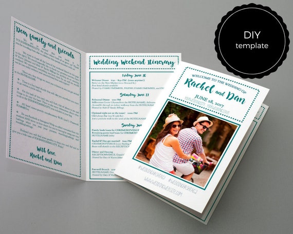 Wedding Weekend DIY Itinerary / Schedule Template with photo 8.5 x 11 half fold, editable Microsoft Word file, brush script font