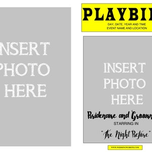 Peut inclure: Un mod&egrave;le de programme imprimable pour un d&icirc;ner de r&eacute;p&eacute;tition de mariage. Le mod&egrave;le comporte deux espaces r&eacute;serv&eacute;s pour des photos et le texte "Bridename et Groomname : En vedette dans "The Night Before""