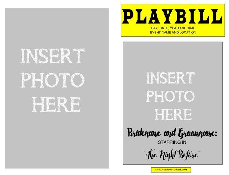 Peut inclure: Un mod&egrave;le de programme imprimable pour un d&icirc;ner de r&eacute;p&eacute;tition de mariage. Le mod&egrave;le comporte deux espaces r&eacute;serv&eacute;s pour des photos et le texte "Bridename et Groomname : En vedette dans "The Night Before""