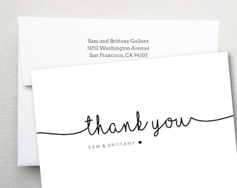 May include: A white thank you card with black text. The text reads "Sam and Brittany Gallner, 5052 Washington Avenue, San Francisco, CA 94107, thank you, SAM & BRITTANY".