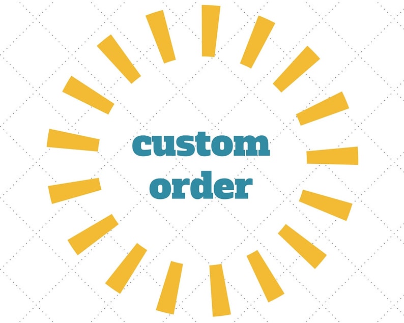 Peut inclure: Un graphique avec un motif de soleil en jaune avec le texte "custom order" en bleu sarcelle.