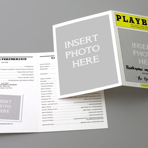 Peut inclure: Un programme de spectacle noir et blanc avec un espace pour ins&eacute;rer une photo. Le programme est pour une performance appel&eacute;e "Brideneme et Gramme : En vedette dans "The Night Before".