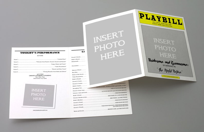 Peut inclure: Un programme de spectacle noir et blanc avec un espace pour ins&eacute;rer une photo. Le programme est pour une performance appel&eacute;e "Brideneme et Gramme : En vedette dans "The Night Before".
