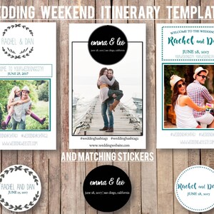Modello di itinerario/programma fai da te per il weekend di nozze con foto 8,5 x 11 piegato a metà, file Microsoft Word modificabile, 3 opzioni, adesivi abbinati