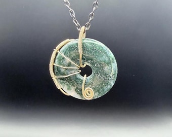 Green Moss Agate Healing Crystal, Golden Wire Wrapped