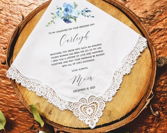 Daughter Wedding Gift from Mom, Bride Gift from Parents, Personalized Wedding Handkerchief, Something Blue for Bride, Wedding Day Gift Bride