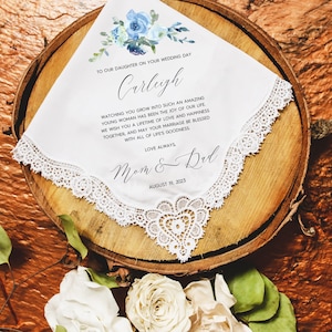 Daughter Wedding Gift from Mom, Bride Gift from Parents, Personalized Wedding Handkerchief, Something Blue for Bride, Wedding Day Gift P