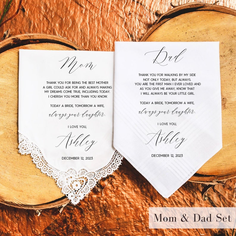 Mother of the Bride Gift & Father of the Bride Gift From Bride, Mother of Bride Gift, Wedding Handkerchief from Daughter, Gift for Parents P Mom & Dad Set