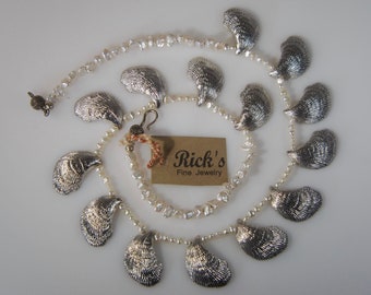 Sterling Silver Oyster Shell Necklace with  Biwa pearls