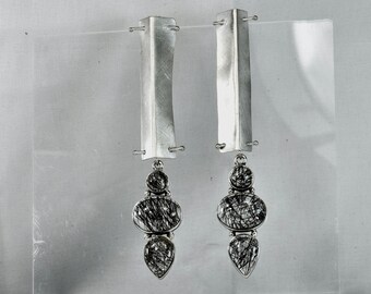 Earth Mined Tourmaline in Quartz  Handmade Folded Sterling Silver Satin Finish  Drop Earrings Bold Statement