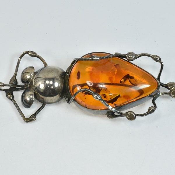 Handmade Sterling Silver Amber Scarab Beetle Pin Pendant   (3)