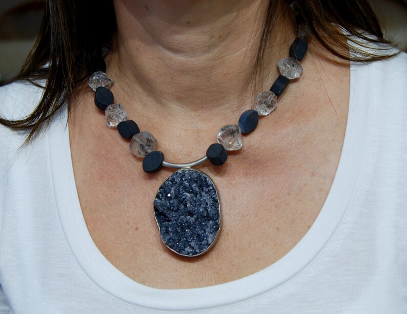 Black Druzy , Herkimer Diamonds and Black mat finished onyx, hand made with sterling silver image 3