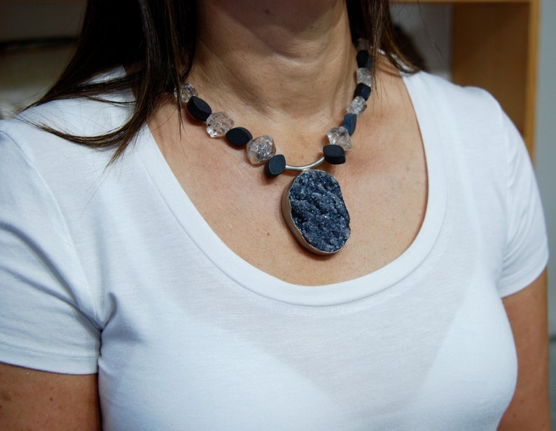 Black Druzy , Herkimer Diamonds and Black mat finished onyx, hand made with sterling silver image 5