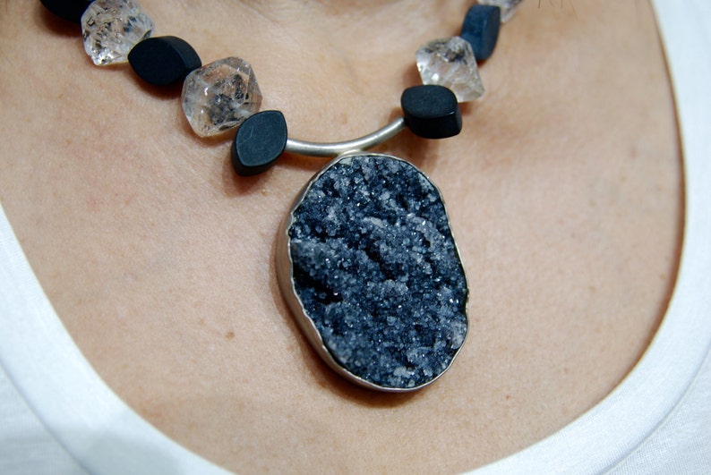 Black Druzy , Herkimer Diamonds and Black mat finished onyx, hand made with sterling silver image 1