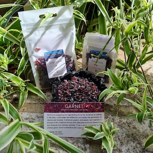 May include: A small bag of red garnet crystal chips with a label that reads "Evie House Crystal Chips 100g". The bag is sitting on a bed of dark green leaves. A card with the text "Garnet Vitality + Creativity + Passion" is in the foreground.