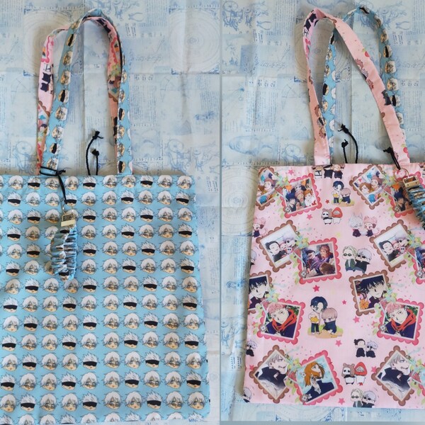 Anime manga tote bag riversible, gojo tote bag double sided, anime bracelet keychain.