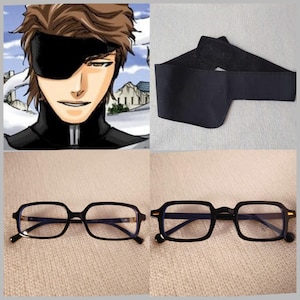 May include: A black eye patch, a pair of black framed glasses with blue lenses, and a black fabric headband.