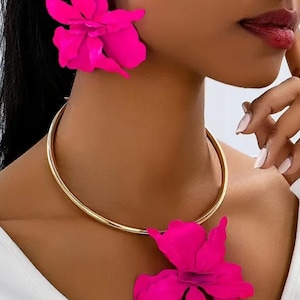 Large flower pink earrings,big magenta flower earrings,petal floral neclace, White orchid earrings for summer and gift for women.