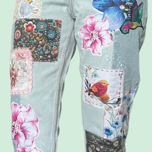 Patchwork denim pants, patchwork denim romantic jeans, flowers patchwork of denim overalls, ,distressed reworked denim