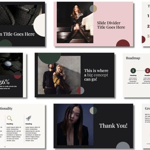 May include: A collection of presentation slides with a dark theme. The slides include titles, a table of contents, a roadmap, and a growth projection chart. Some slides feature images of people and text like "Presentation Title Goes Here" and "Thank You!"
