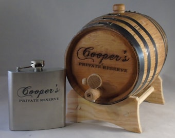 Engraved Oak Aging Barrel and Engraved Stainless Steel Flask Gift Set