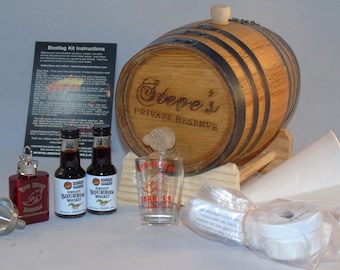 Custom Engraved 2 Liter Oak Barrel Flavoring Kit - Make Your Own Flavored Alcohol. Mini flask and cleaning kit included