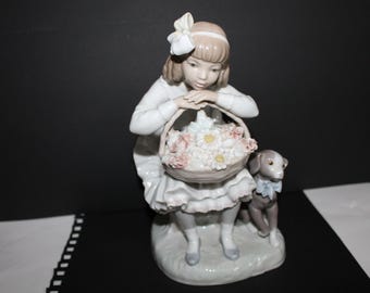 Early Lladro Girl With Basket of Flowers and Dog Figurine No.1088
