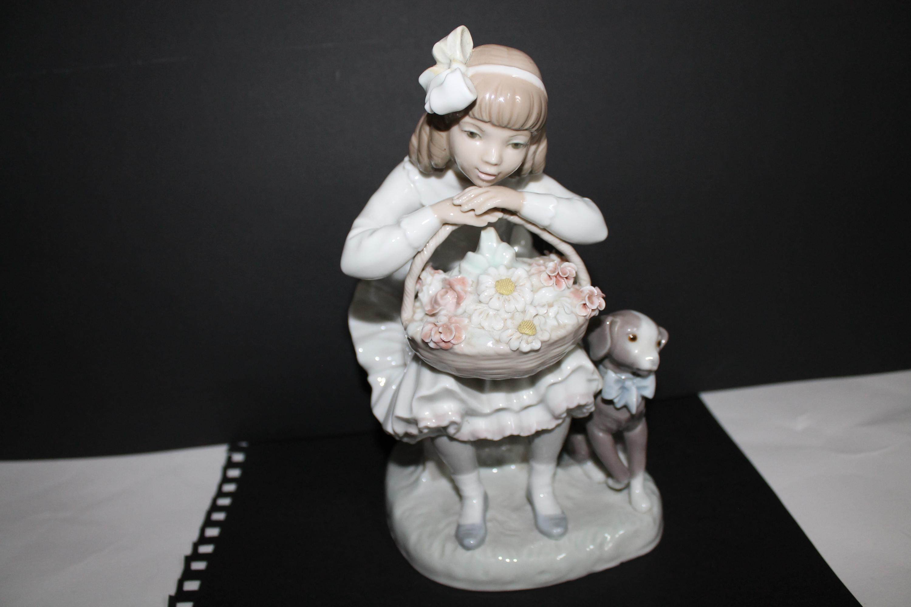 Early Lladro Girl With Basket of Flowers and Dog Figurine No.1088