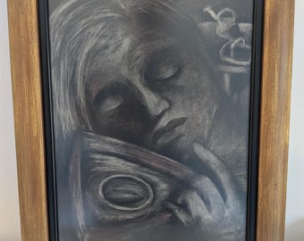 Ingelijste houtskooltekening getiteld "Tranen van onze zonde", origineel kunstwerk van Kayged Ghosts.