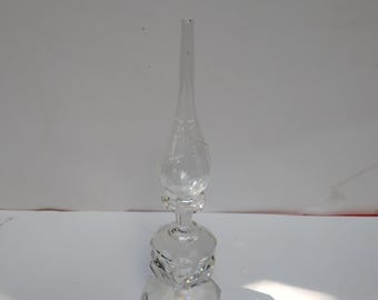 Vintage 7" Cut Crystal Oil Lamp with Etched Vine Globe & Acid-Etched Dove Mark