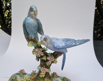 Paar Royal Staffordshire blauwe grasparkieten van J T Jones (zie beschrijving)