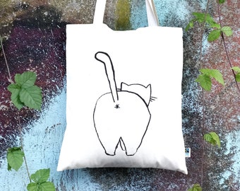 Jutebeutel Katze zeigt Po, Stofftasche, Natur, Siebdruck, Fairtrade, Baumwolle, lange Henkel, Geschenk