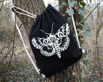 Turnbeutel Totenkopffalter, Motte, Nachtschwärmer, Rucksack, Siebdruck, Fairtrade, Baumwolle, Schwarz, Gothic, Geschenk