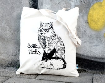 Jutebeutel Schlaufuchs, Siebdruck Fuchs Motiv auf Stofftasche, Fairtrade, Baumwolle, Schwarz auf Natur, Fuchsillustration, Geschenk