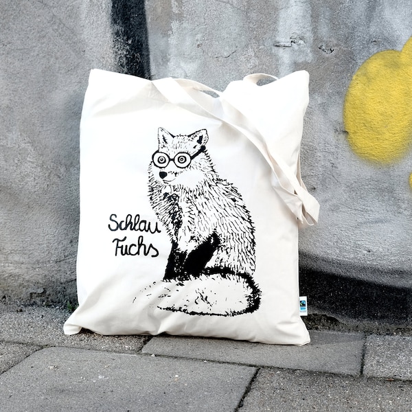 Jutebeutel Schlaufuchs, Siebdruck Fuchs Motiv auf Stofftasche, Fairtrade, Baumwolle, Schwarz auf Natur, Fuchsillustration, Geschenk